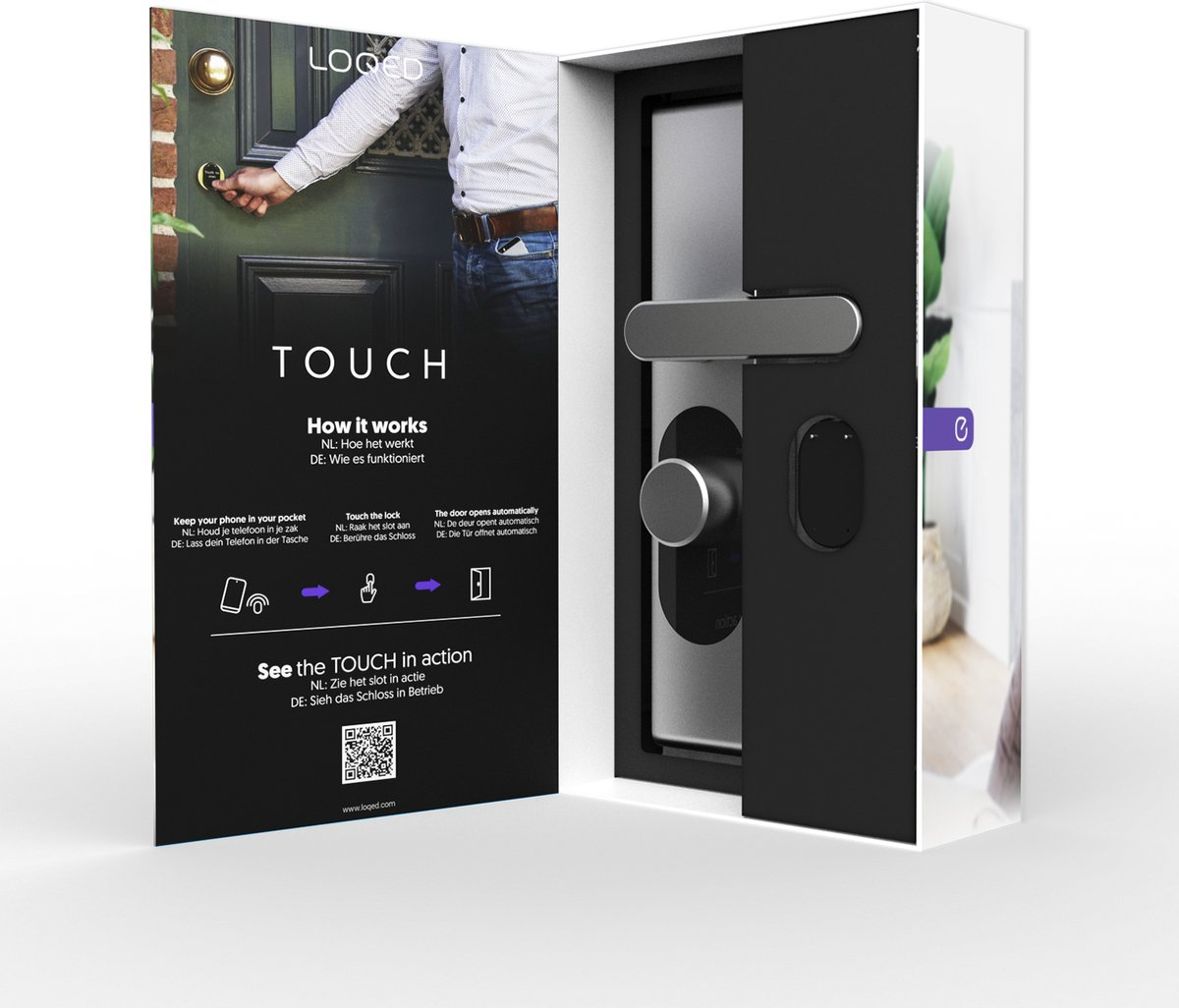 Verpackung für ein smartes Türschloss mit Darstellung eines Mannes, der eine Tür öffnet.