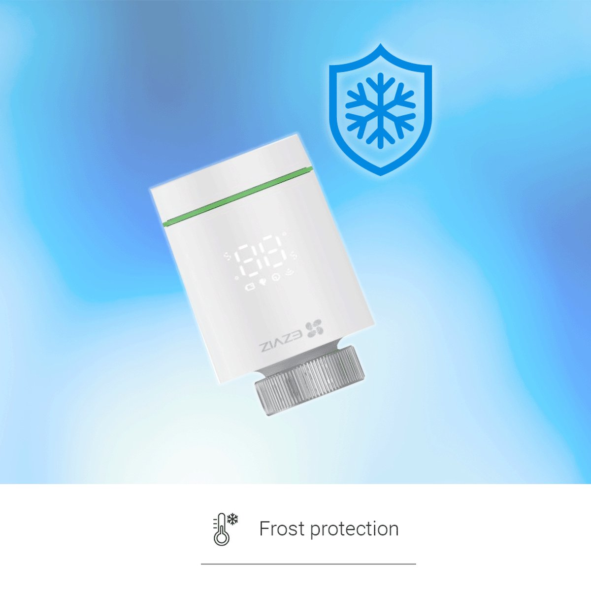 White thermostat with digital display and frost protection icon.