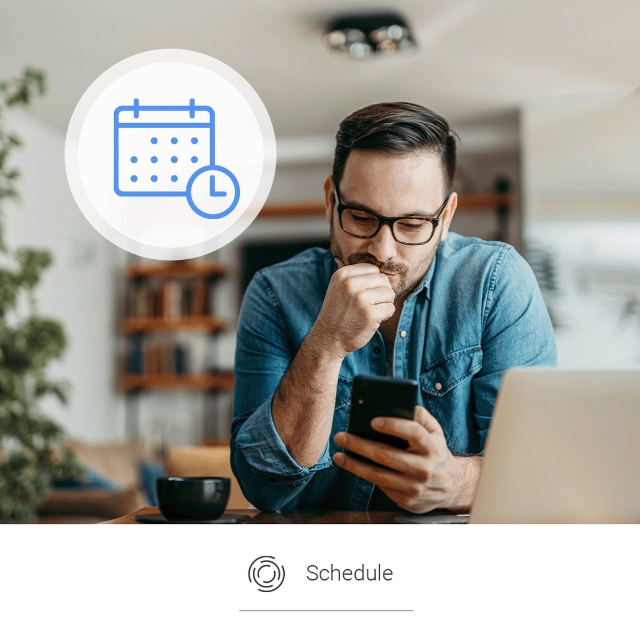 A man wearing glasses looks at his phone next to a calendar icon.