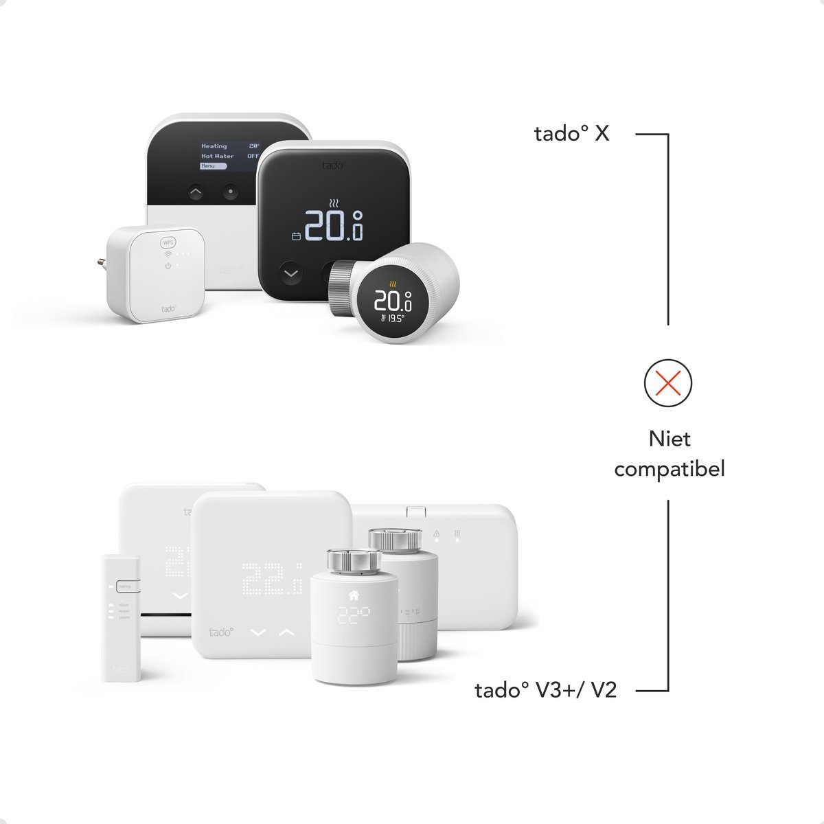 Tado X and V3+/V2 heating controllers side by side, one is incompatible.