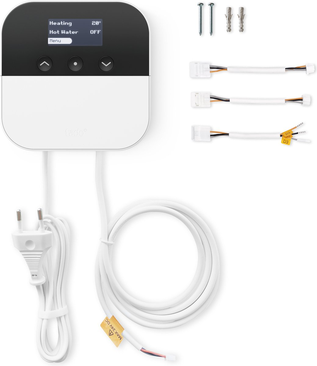 A thermostat with cables, screws and wall plugs on a white background.