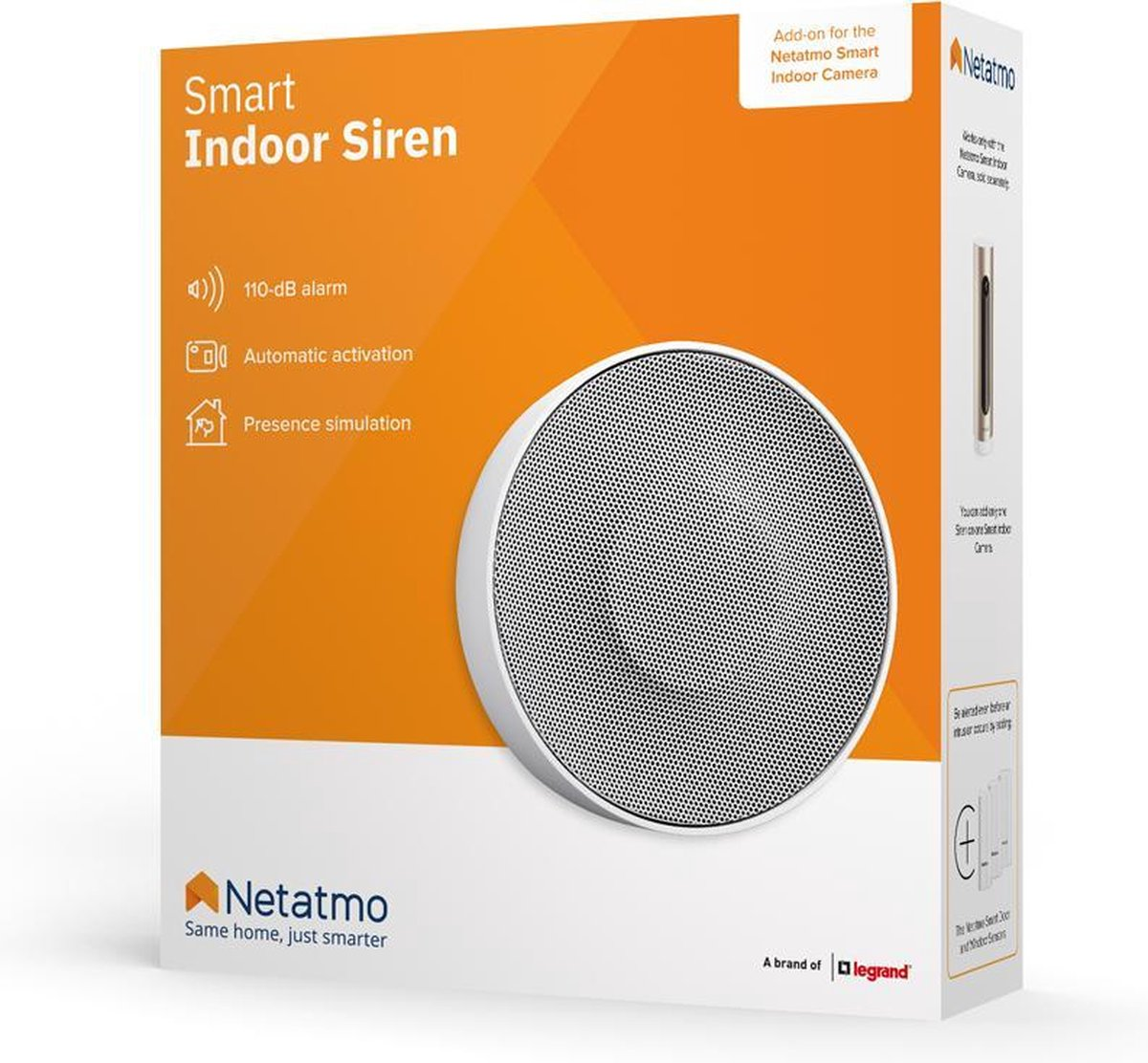 Scatola Netatmo Smart Indoor Siren, bianca con design arancione.