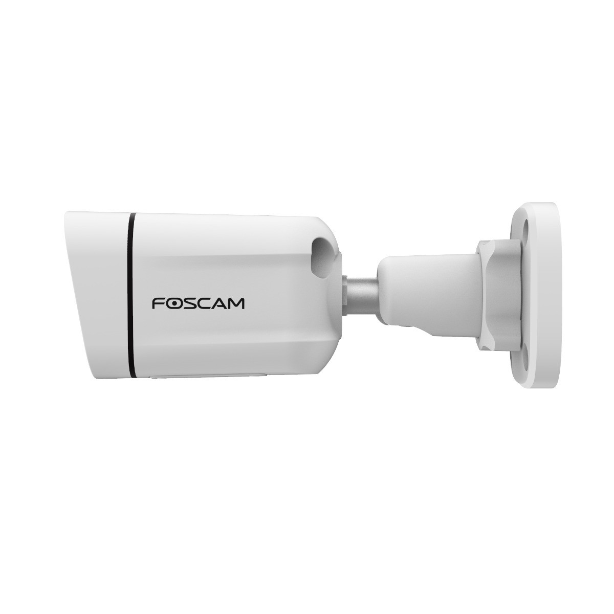 Een witte Foscam beveiligingscamera met een zwarte streep aan de zijkant is te zien tegen een witte achtergrond.