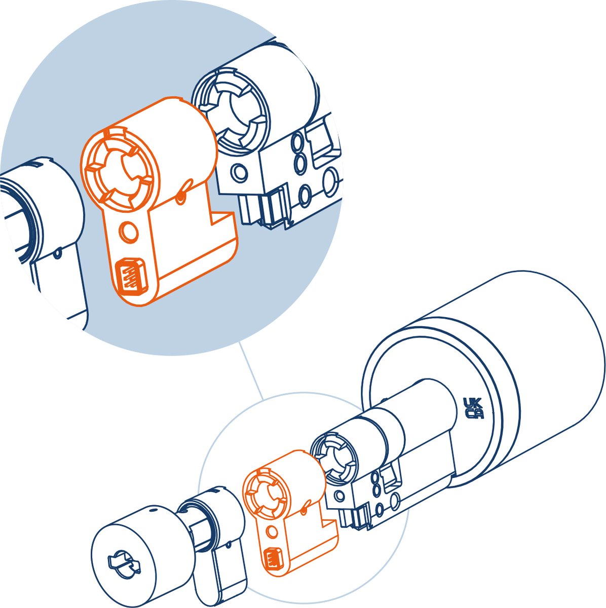 Dessin technique de cylindres de serrure démontés, un surligné en orange.