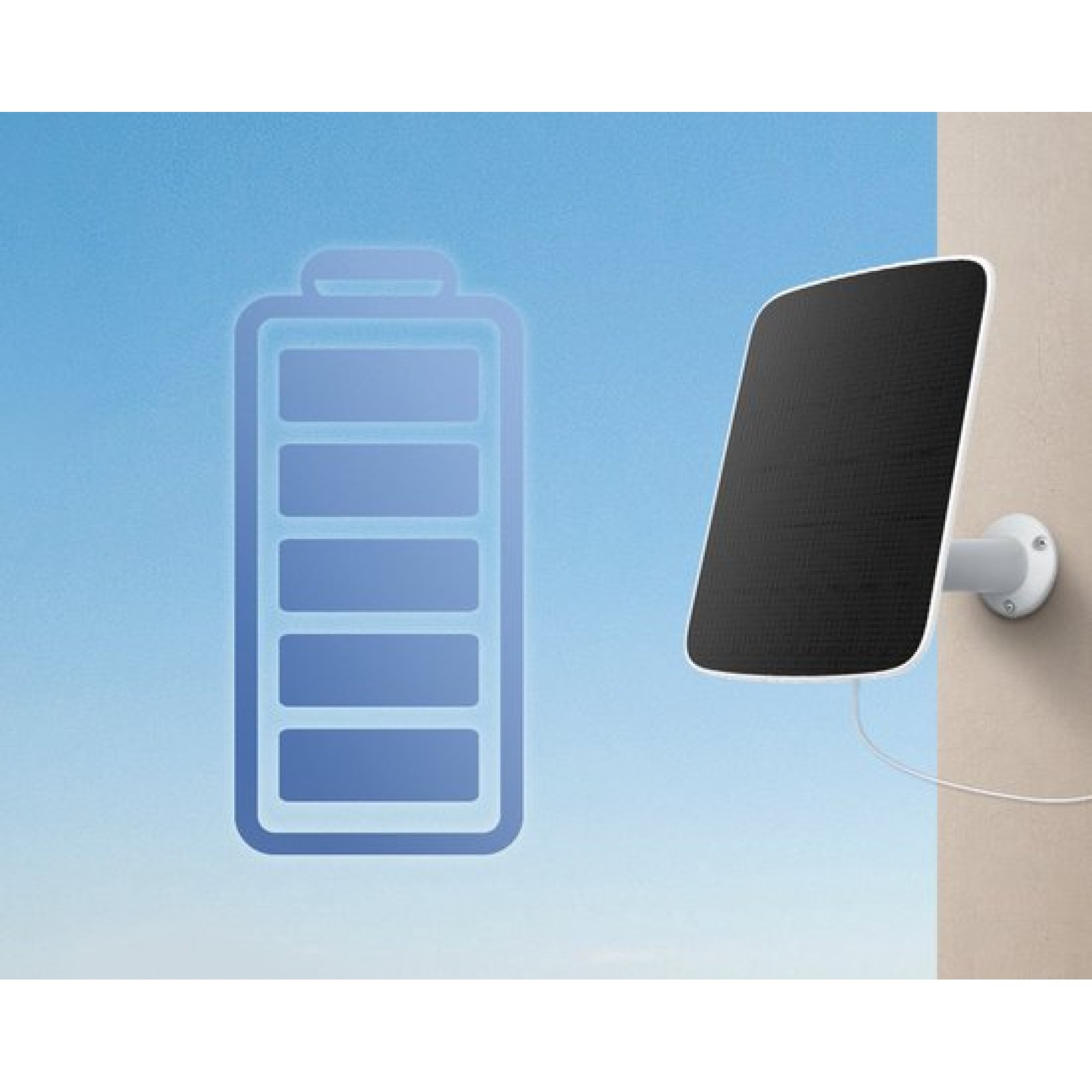 A solar panel is mounted on a wall. A battery indicator is next to it.