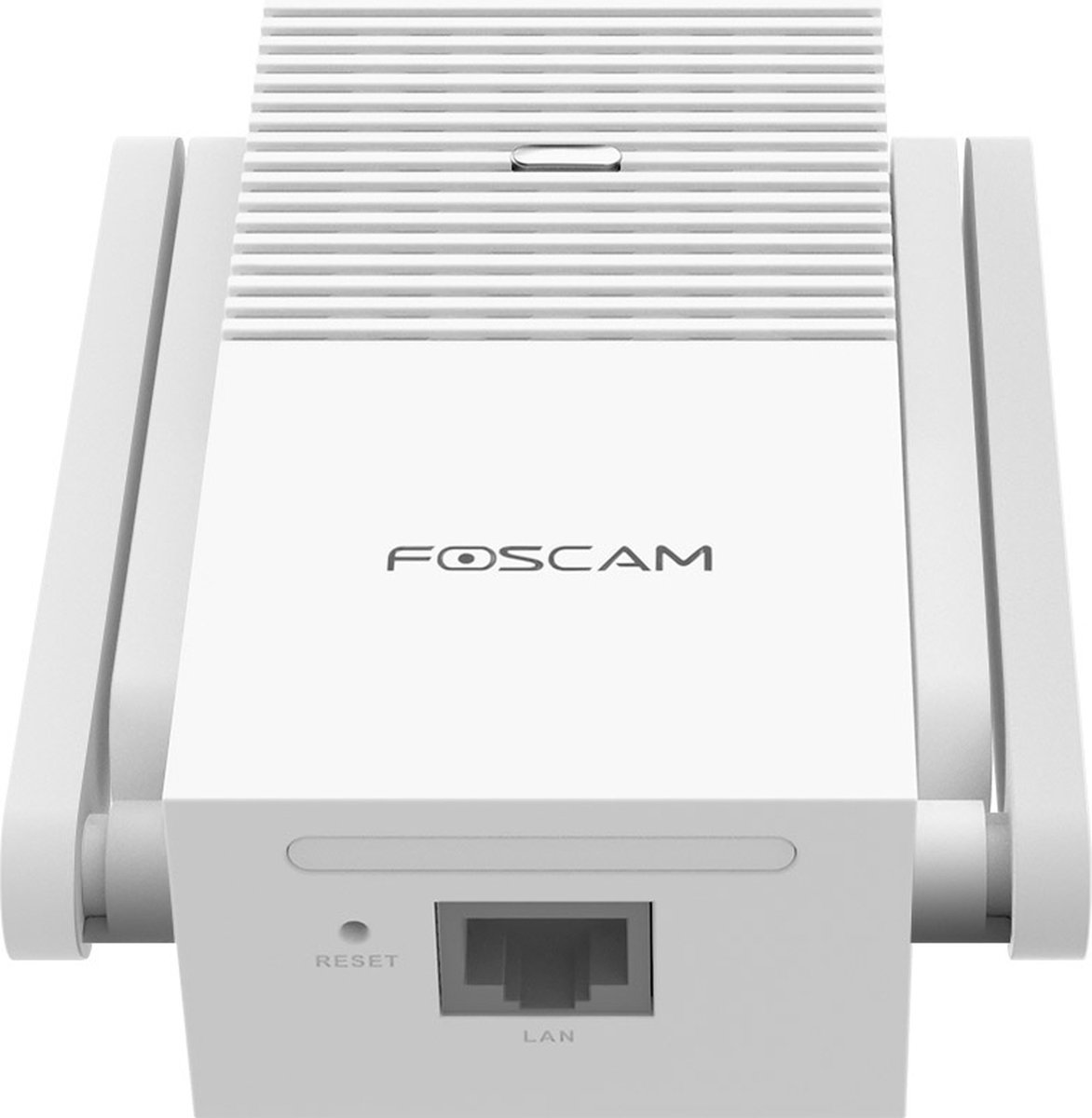A white Foscam Wi-Fi extender with reset and LAN ports.