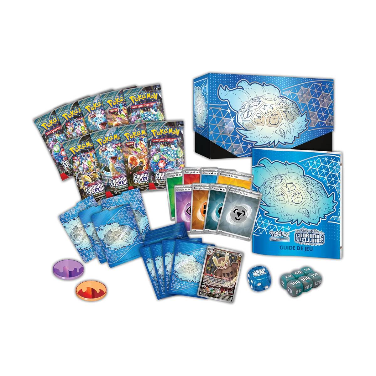 Set di carte collezionabili Pokémon con bustine, guida di gioco, dadi e contatori.