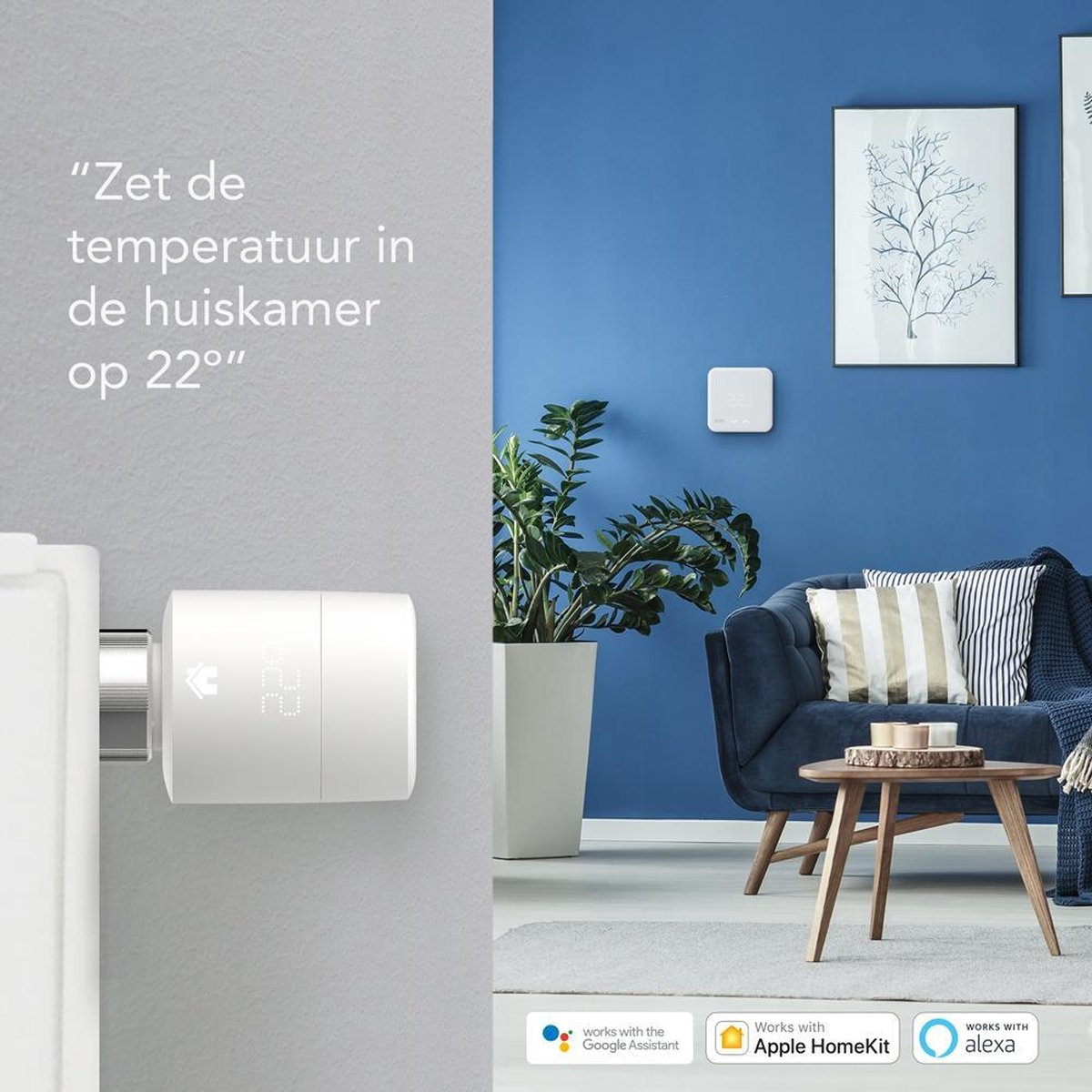 A thermostat on a radiator shows 22 degrees. A living room with sofa and table in the background.
