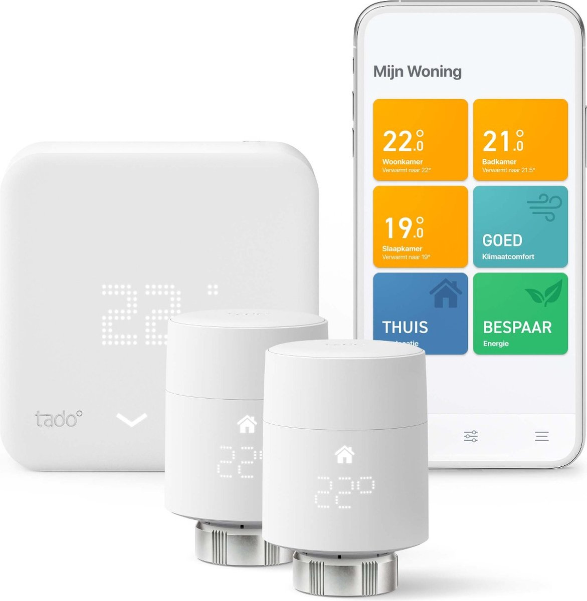 A Tado thermostat, two radiator thermostats, and a smartphone showing heating controls.