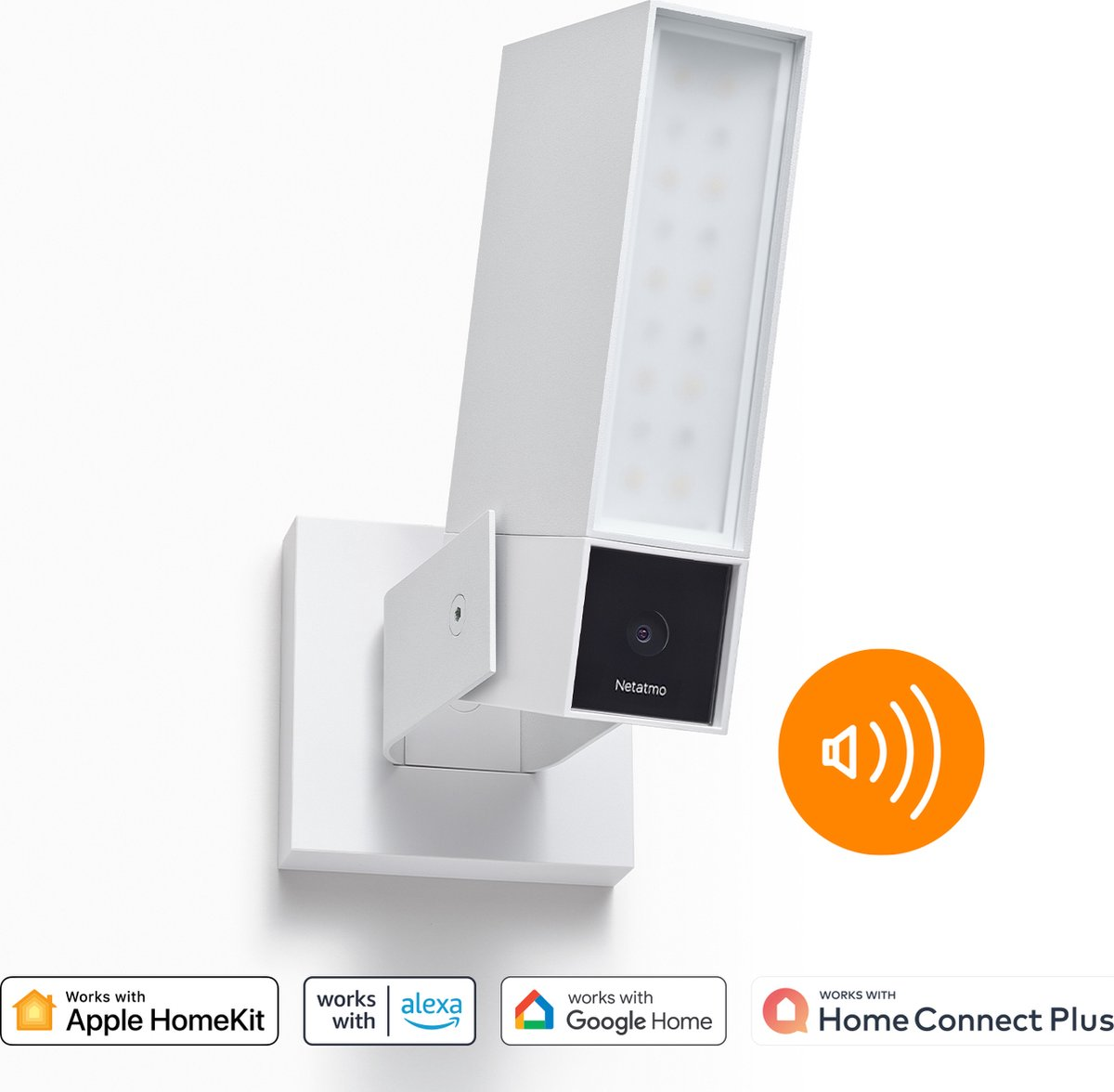 Witte buiten camera met licht en luidspreker icoon. Compatibel met HomeKit, Alexa, Google.
