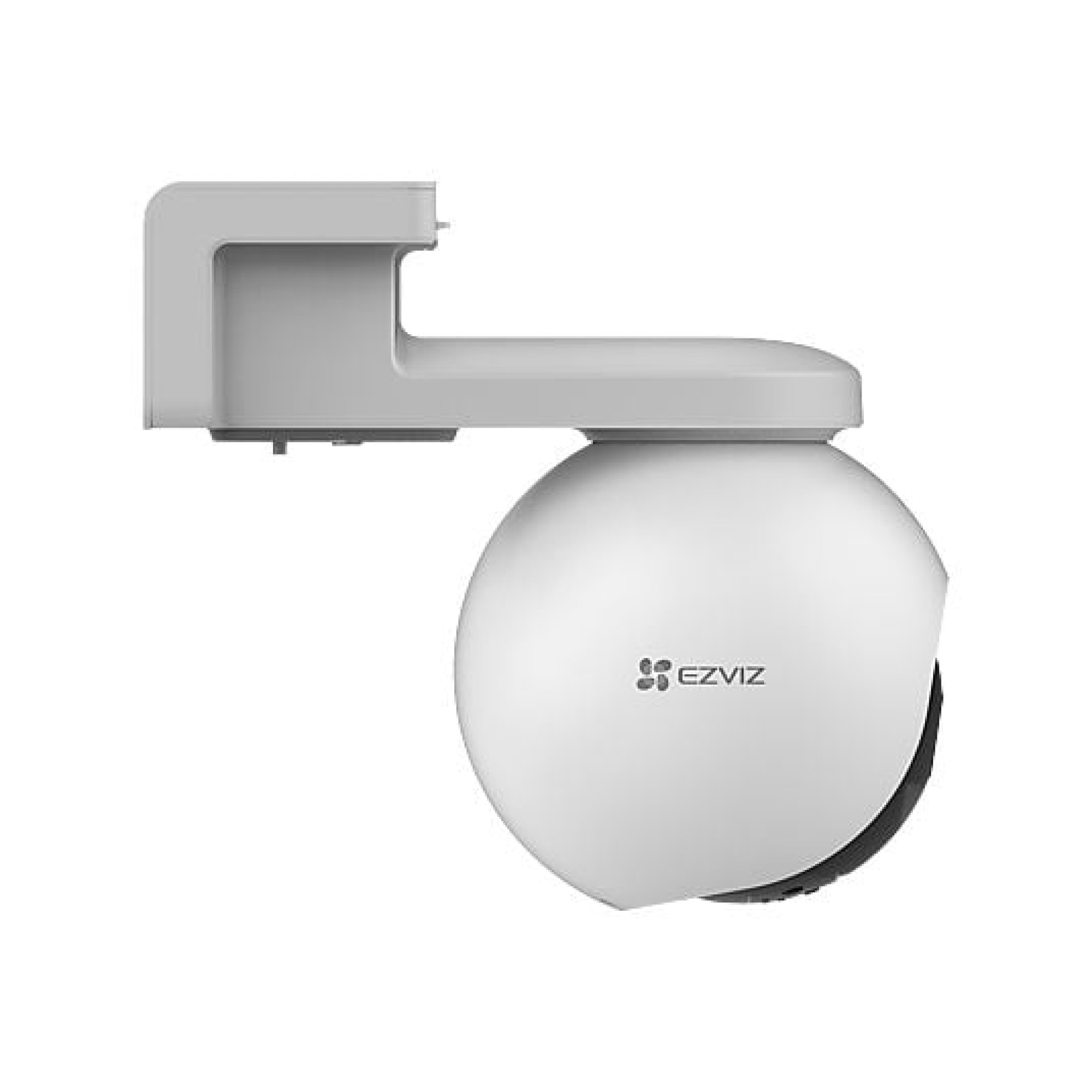 Een witte beveiligingscamera met EZVIZ-logo op een grijze houder.