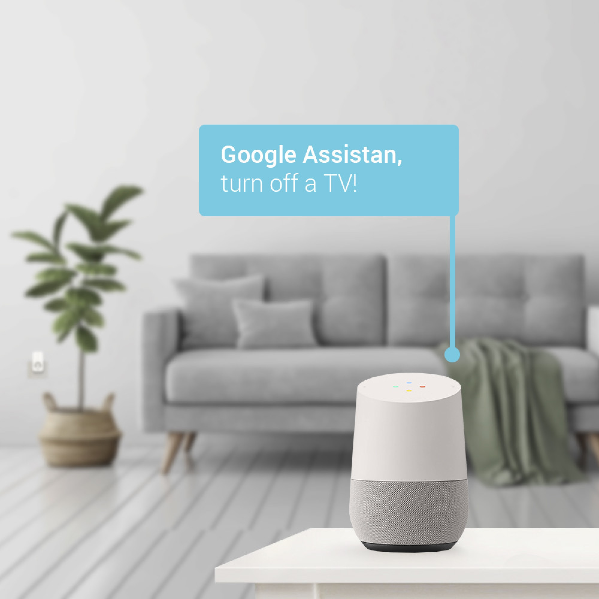 A Google Home speaker on a table in a living room.