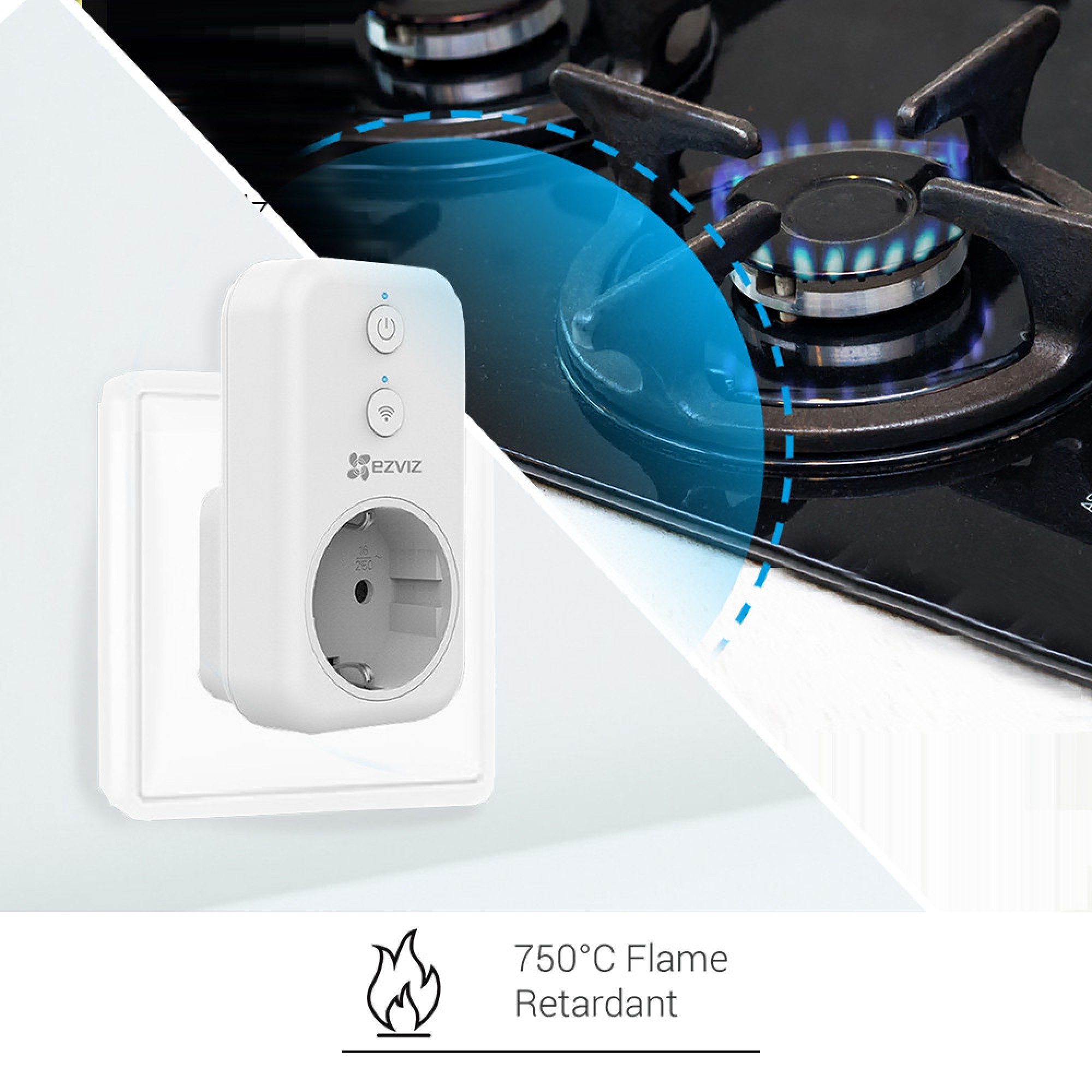 A white plug with a Wi-Fi symbol next to a gas stove with a blue flame.