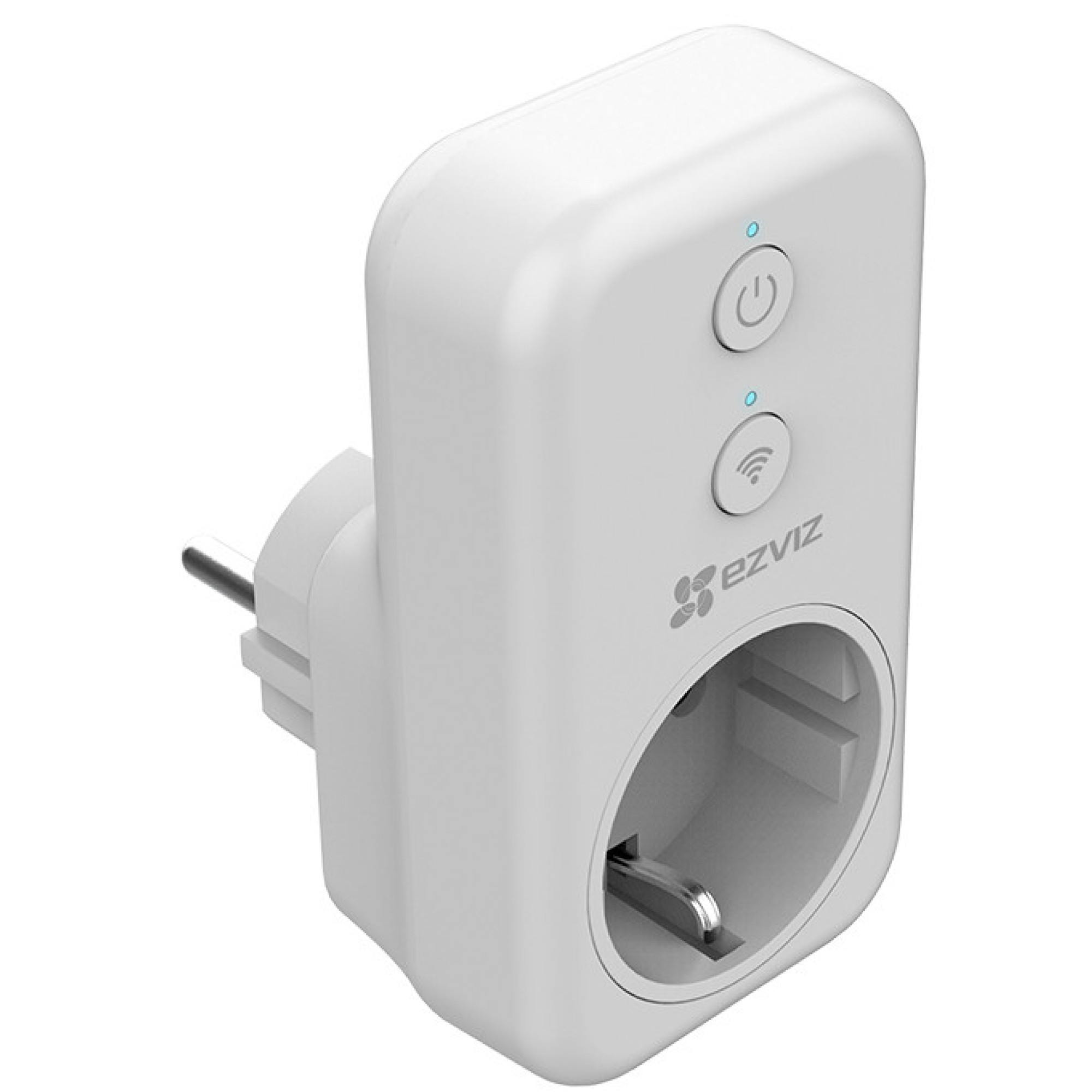 White EZVIZ smart plug with power and Wi-Fi buttons, and a socket.