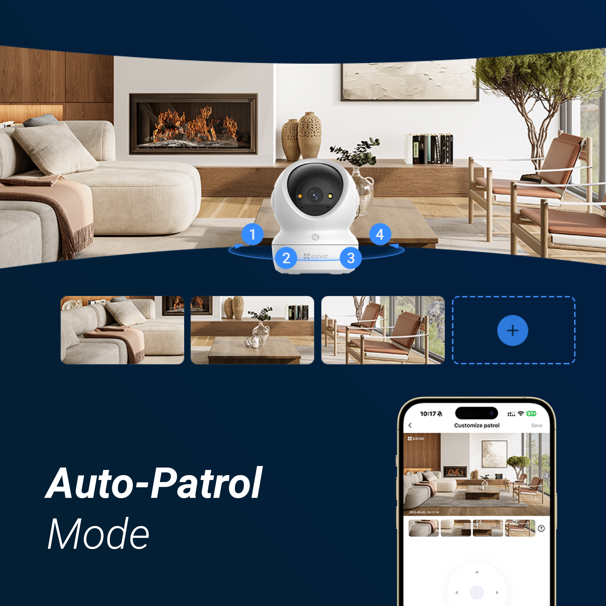 A white surveillance robot in a modern living room with a fireplace.