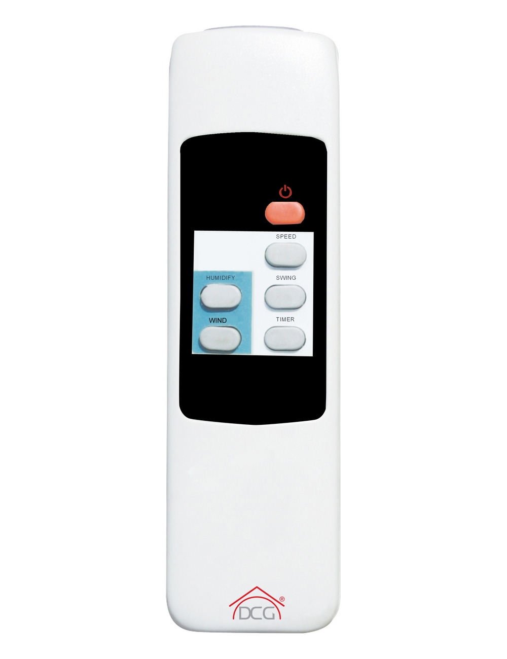 Un telecomando bianco con pulsanti per velocità, umidità, vento e timer.