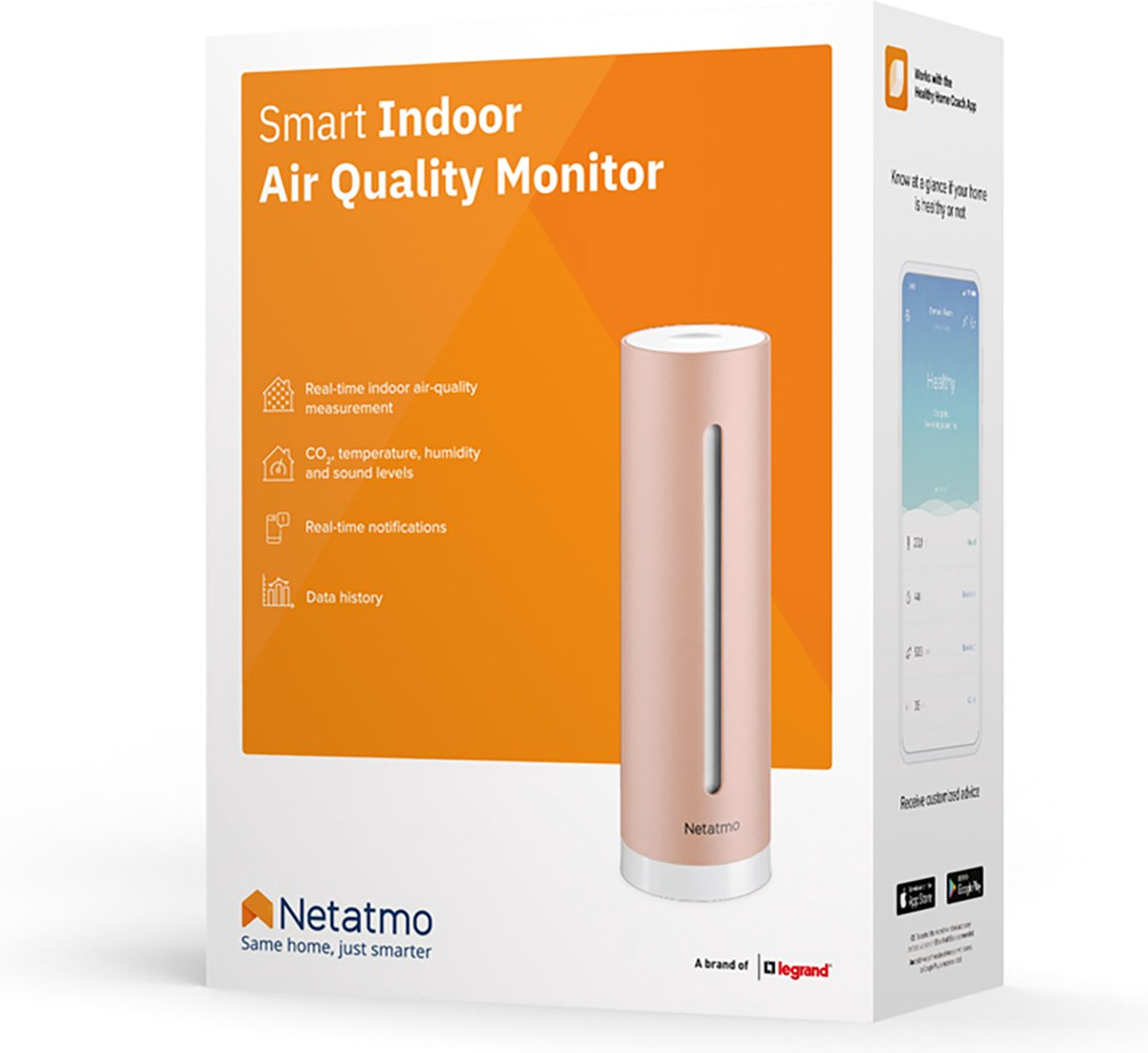 Netatmo smart indoor air quality monitor with features listed on orange panel.