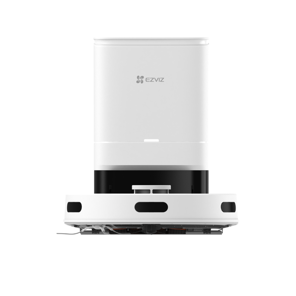 Een witte robotstofzuiger met dockingstation, tegen een witte achtergrond.