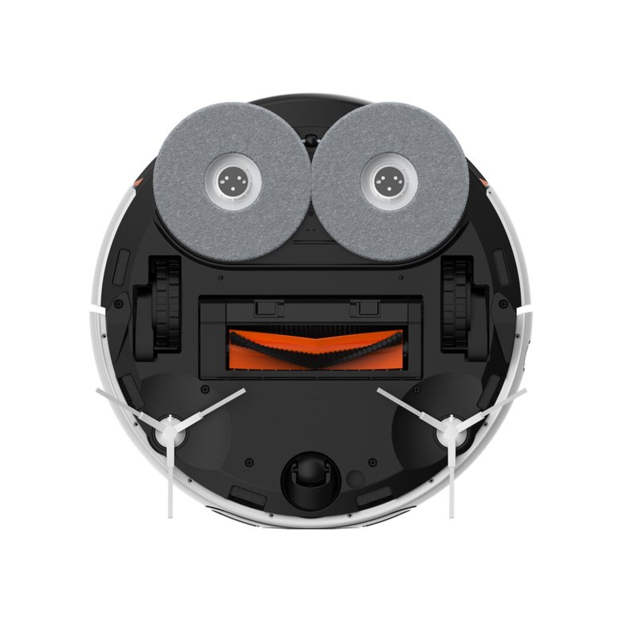 Onderkant van een robotstofzuiger met draaiende dweilpads, borstel en wielen.