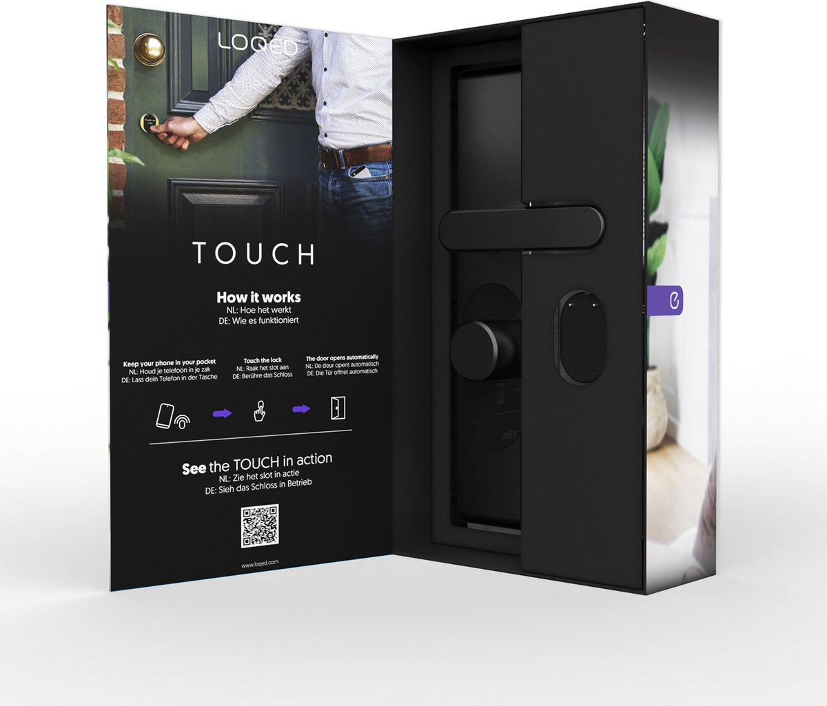 Packaging with smart lock and instructions. Man opens door, touch lock explained.