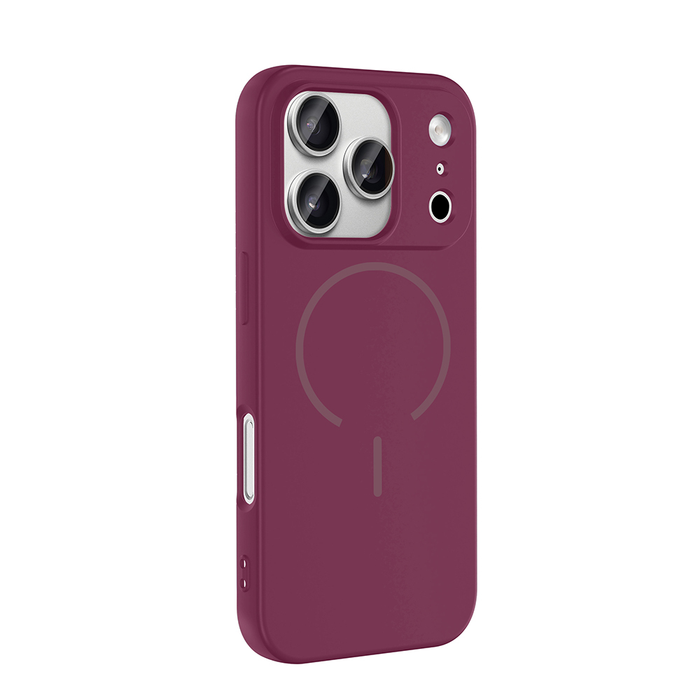 Üç kamera lensli ve dairesel manyetik halkalı, magenta renkli iPhone kılıfı.