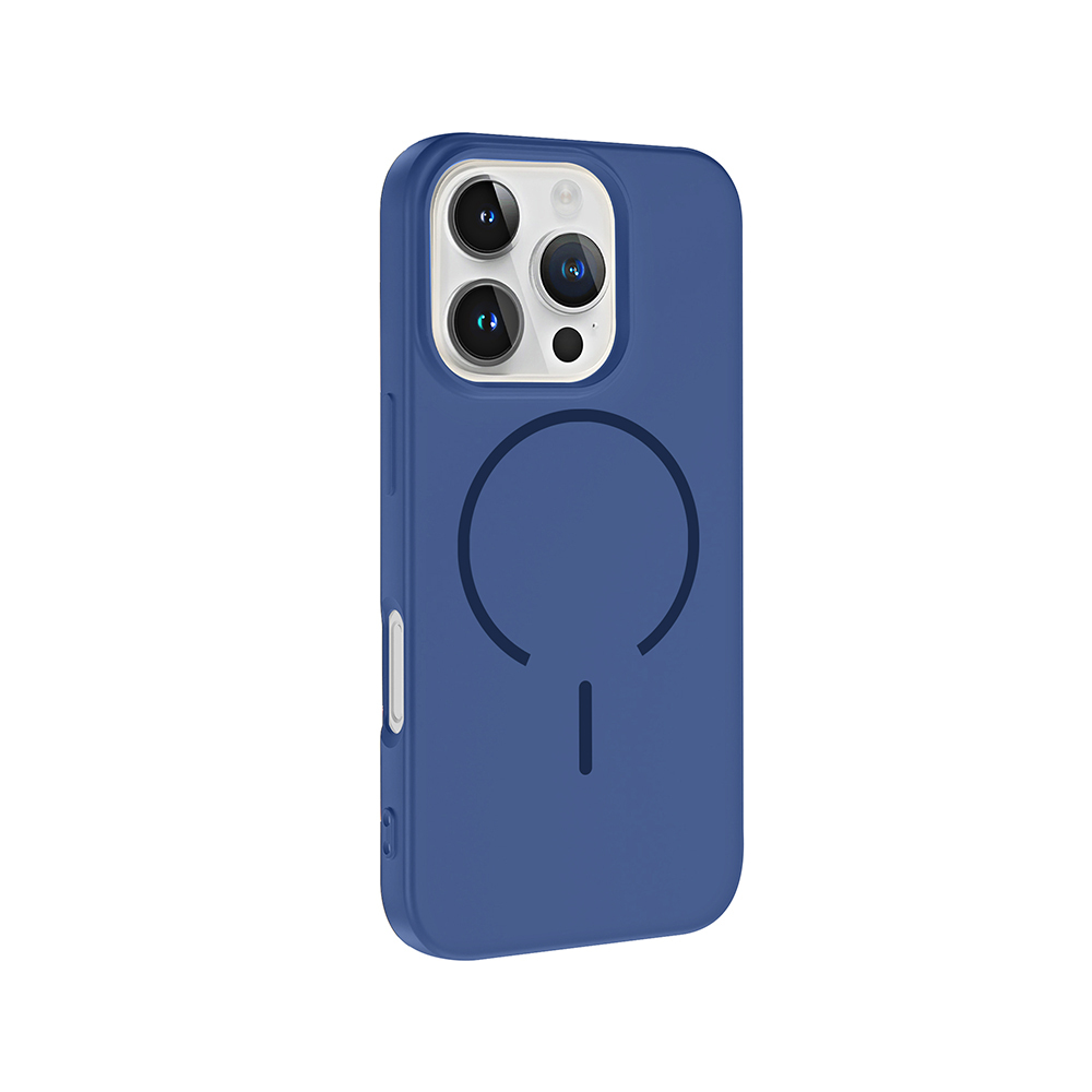 Kameralı ve manyetik şarj halkalı mavi telefon kılıfı.