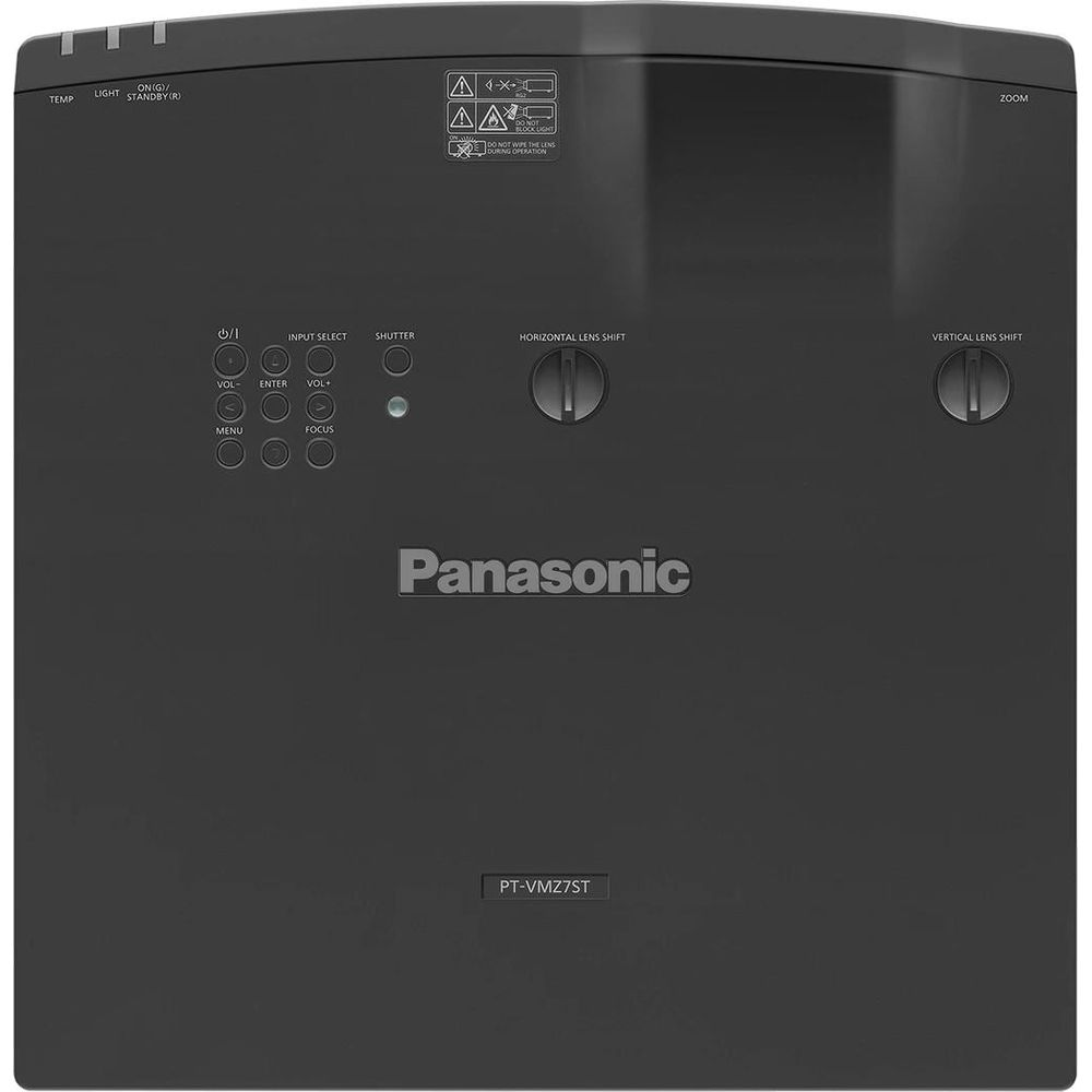 Proiettore Panasonic nero con pulsanti di controllo ed etichette.
