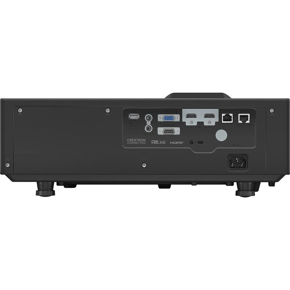 Pannello posteriore proiettore nero con porte: USB, Audio, Computer, LAN, HDMI, Seriale.