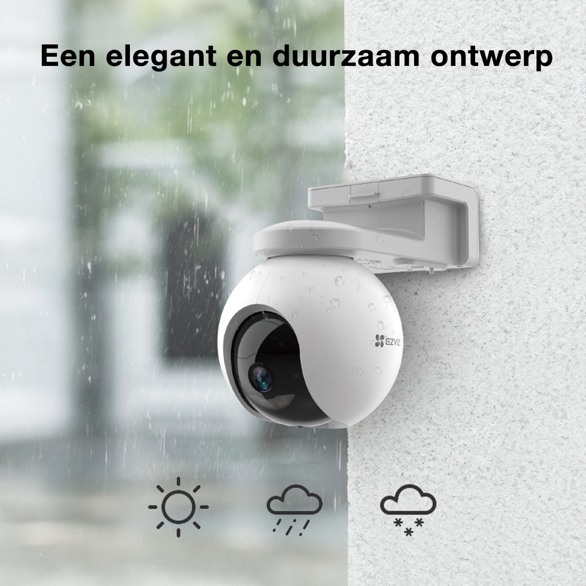 Eine weiße Überwachungskamera mit schwenkbarem Kopf, montiert an einer Wand bei Regen.