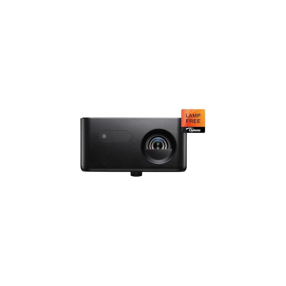 Un proyector Optoma negro con etiqueta Lamp-Free sobre fondo blanco.