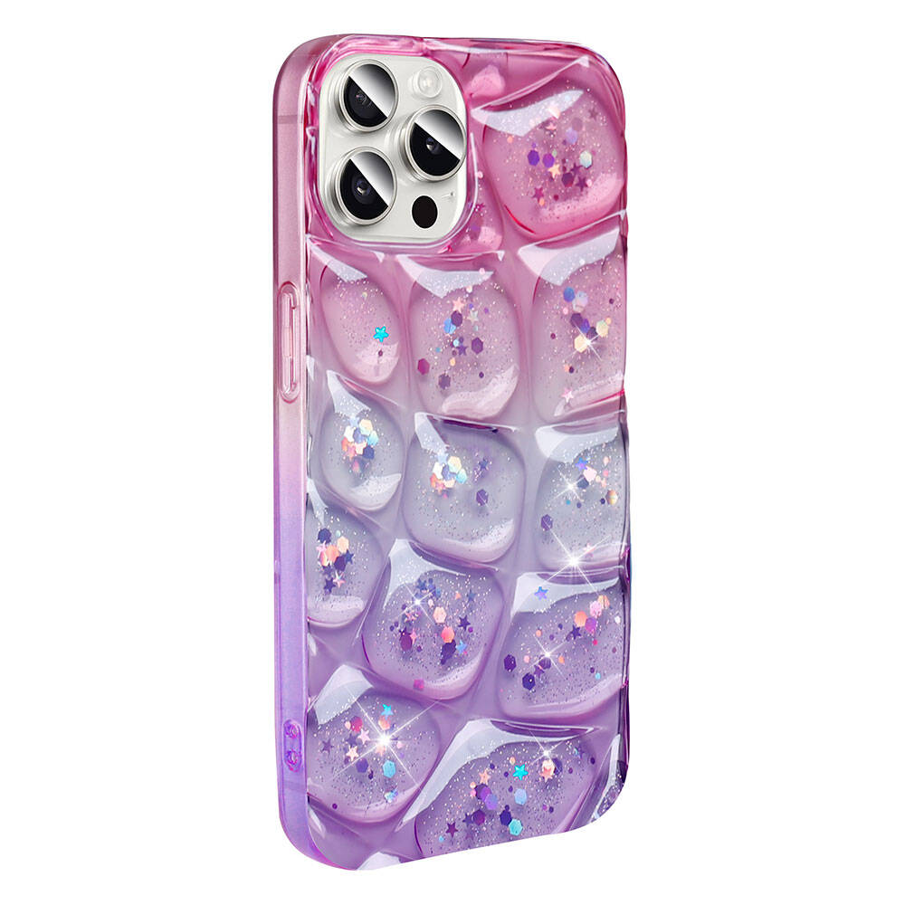 Mor ve pembe telefon kılıfı sim ve baloncuk tasarımlı.