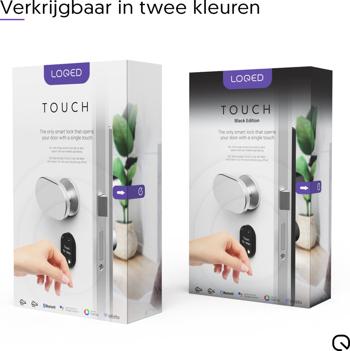 Twee slimme sloten, wit en zwart, naast elkaar, tonen touch bediening op deuren.