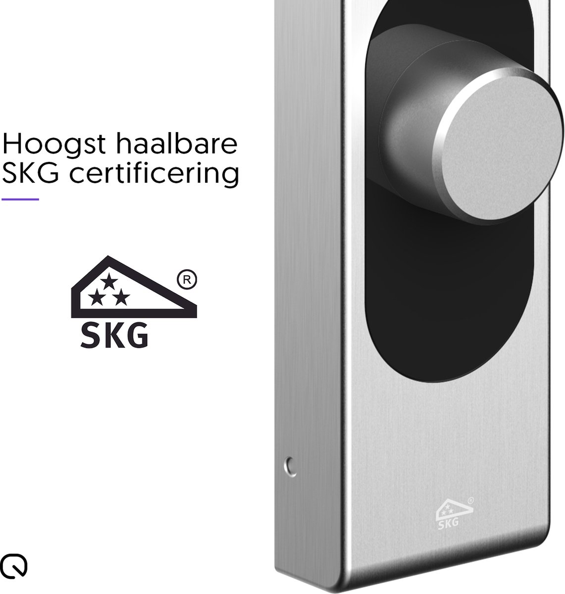 Zilveren deurklink met SKG logo en tekst.