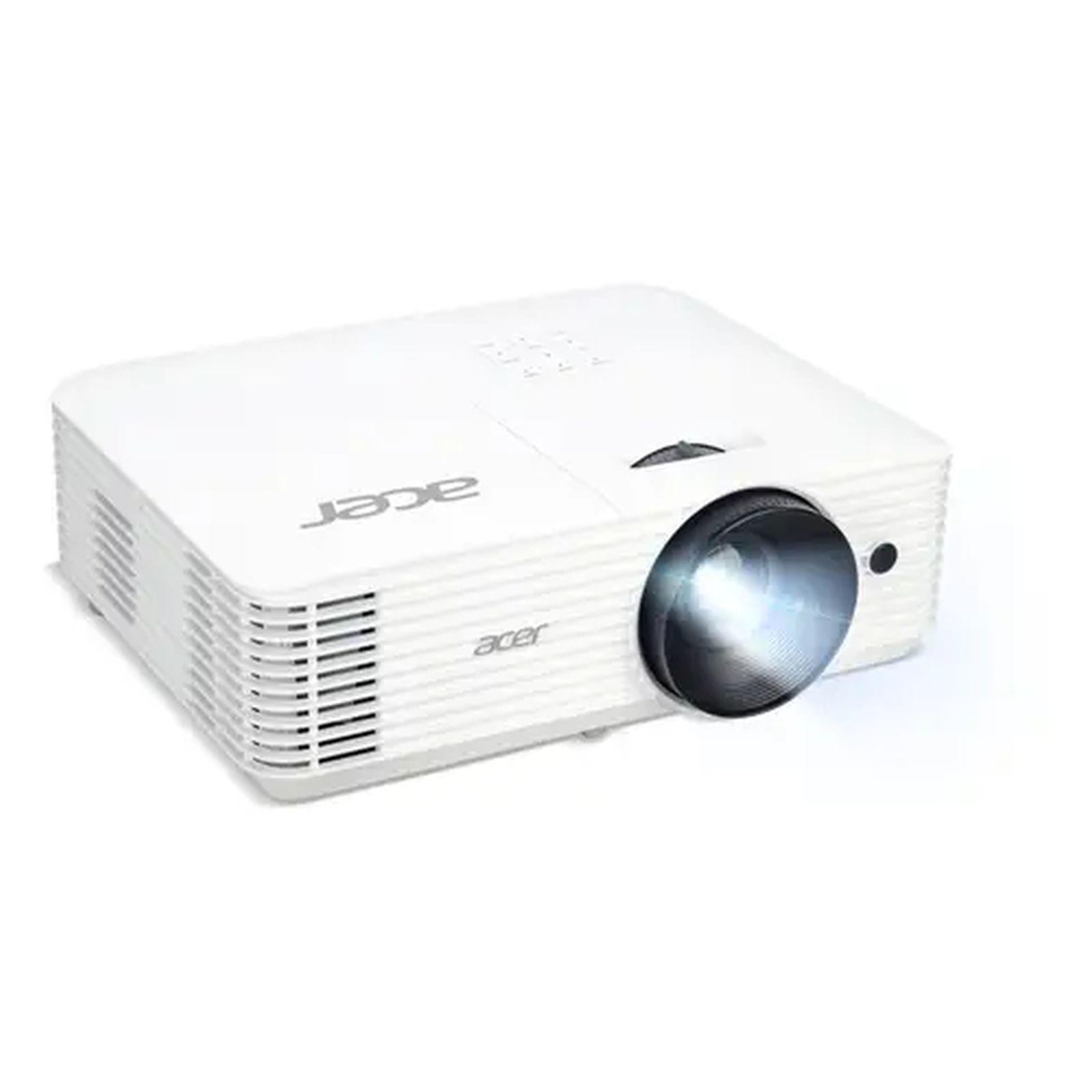 Un proyector Acer blanco con su lente iluminada, sobre fondo blanco.