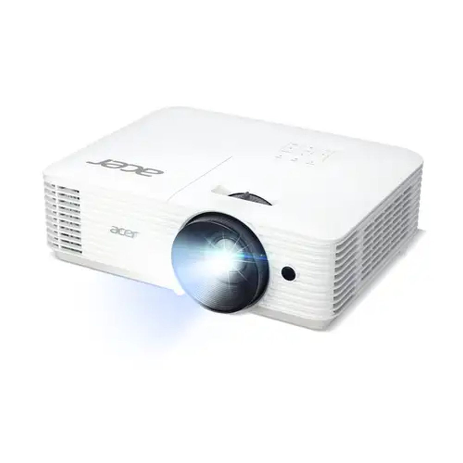Un proyector Acer blanco con lente iluminada descansa sobre fondo blanco.