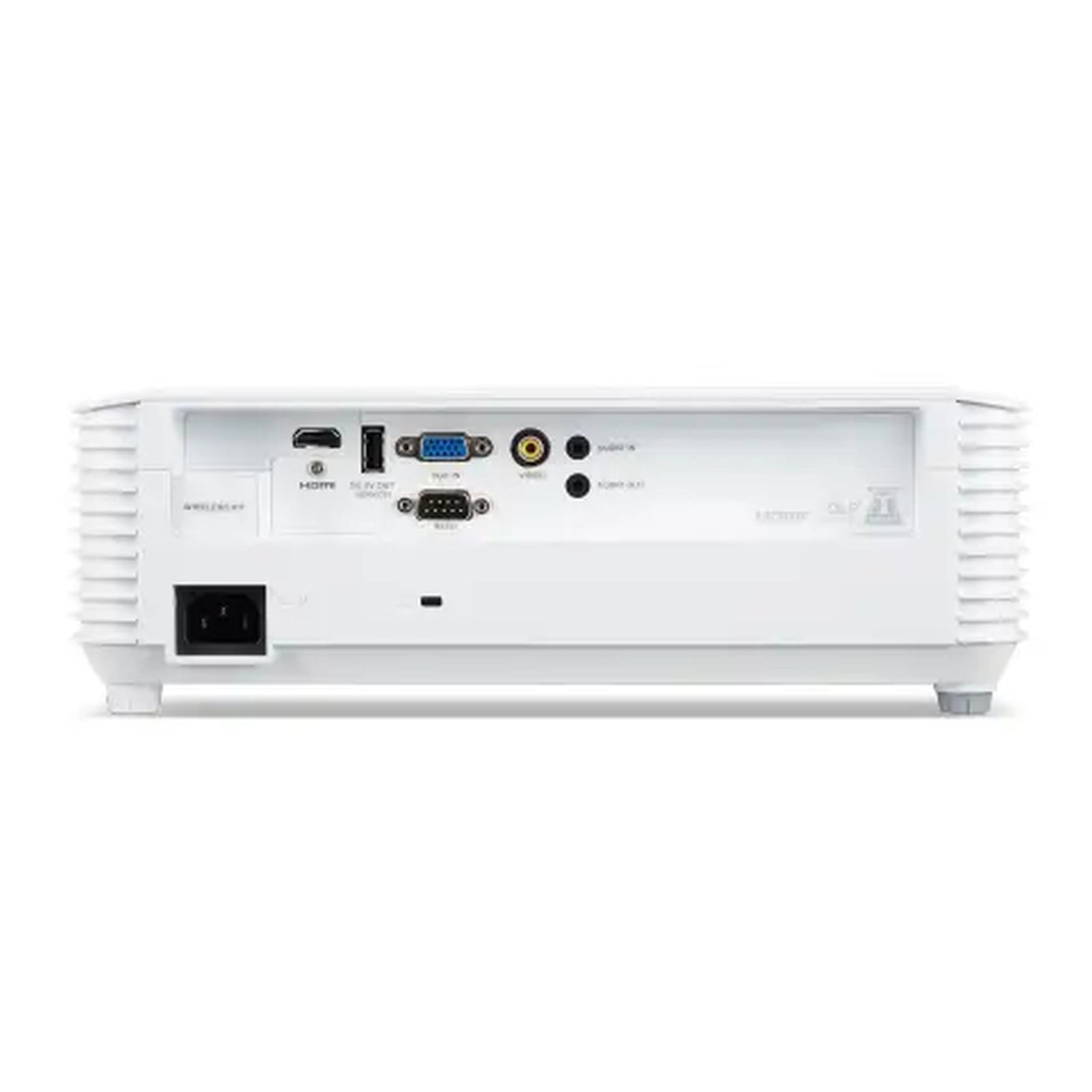 Vista trasera de un proyector blanco con puertos como HDMI, VGA y alimentación.