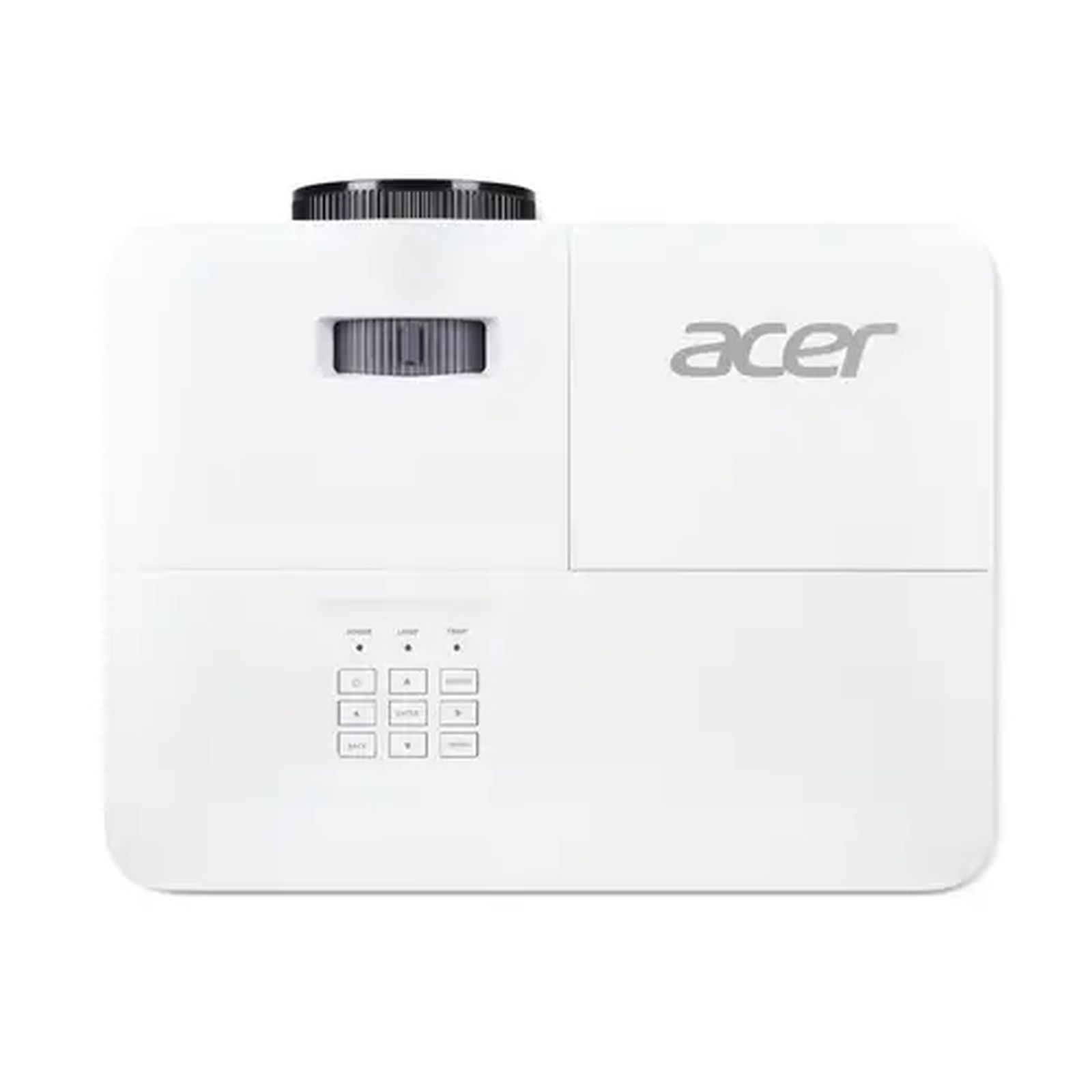 Un proyector Acer blanco con lente, anillo de enfoque y botones de control.