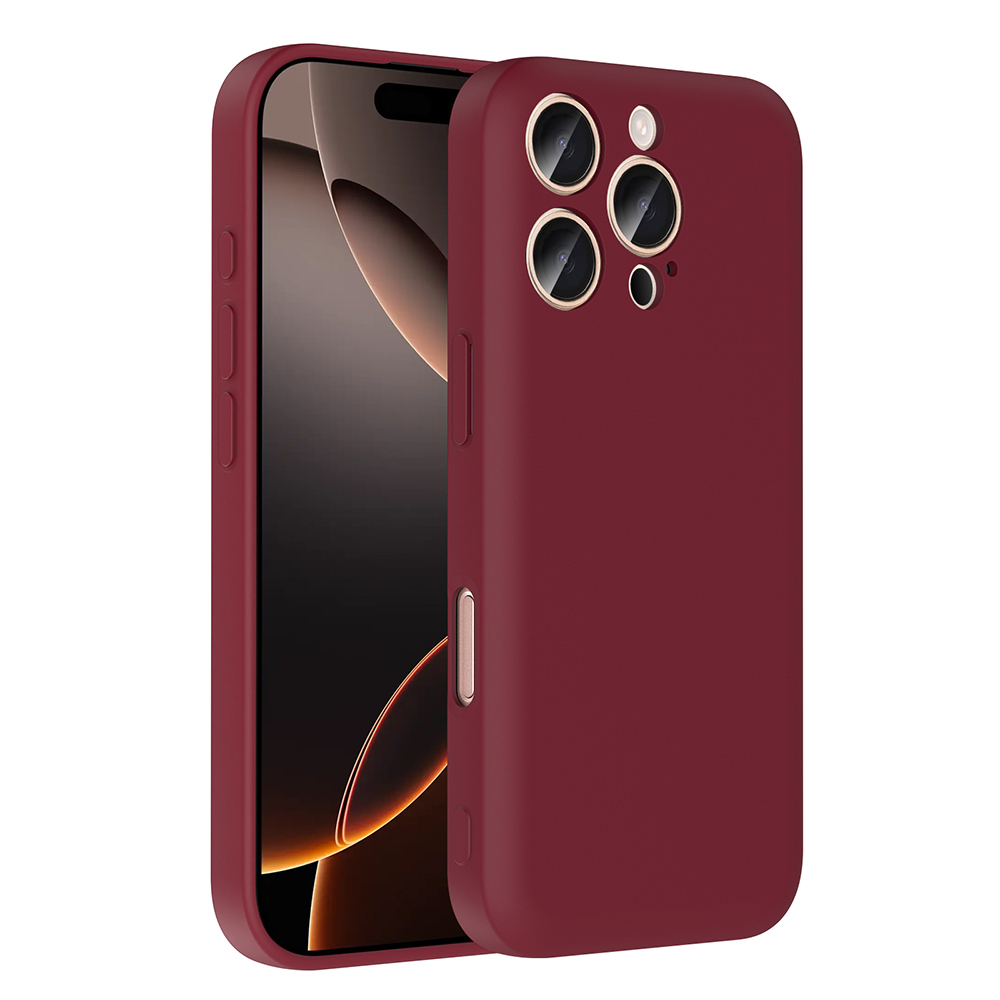 Üç kamera lensli ve flaşlı bordo telefon kılıfı.