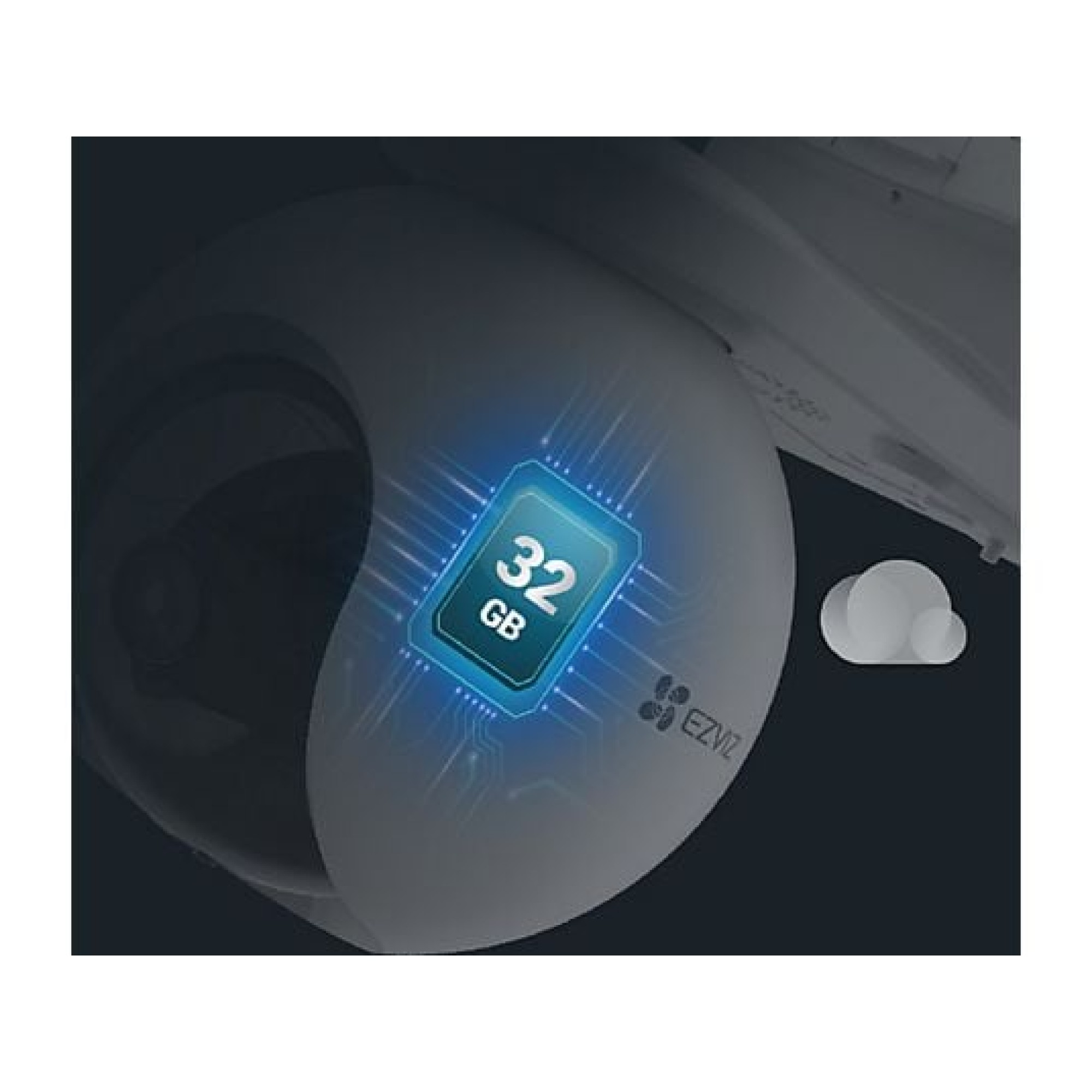 Monitor de vigilancia blanco con icono de chip azul que muestra 32 GB.