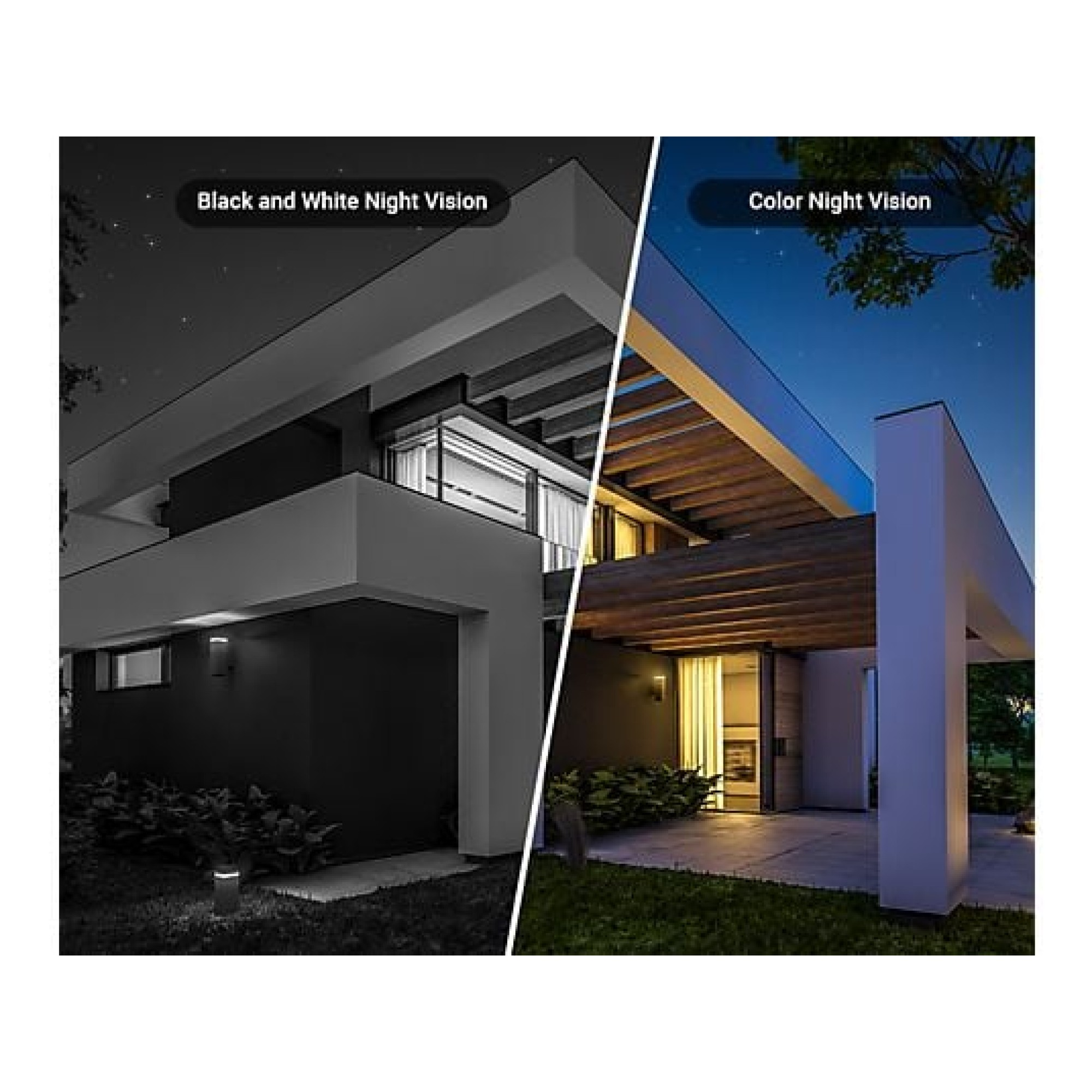 Una casa con comparación de visión nocturna: blanco y negro a la izquierda, color a la derecha.