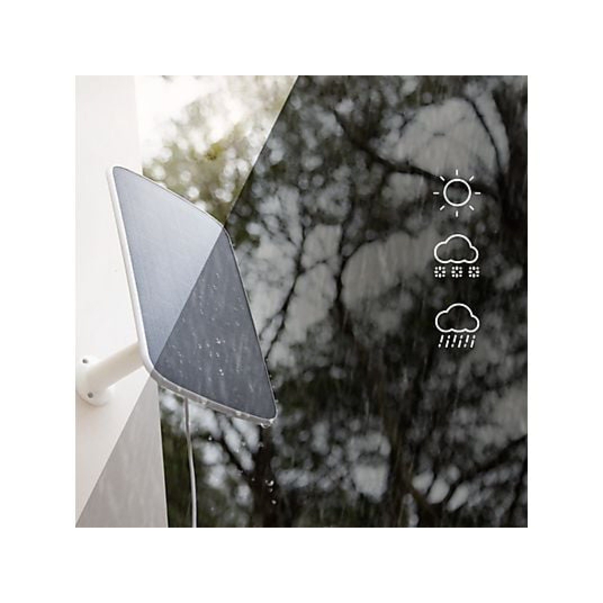 Un dispositivo resistente a la intemperie con iconos de sol, nieve y lluvia.