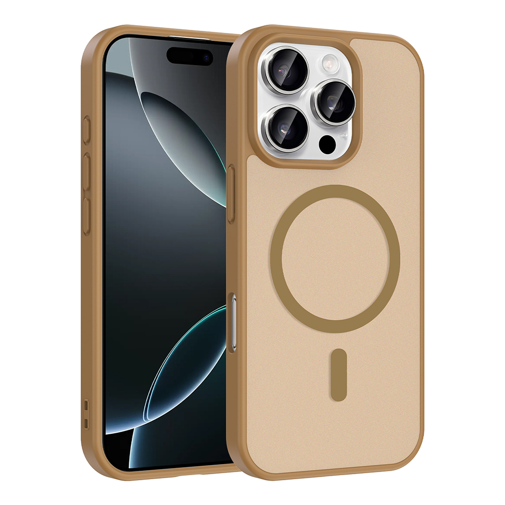 Mıknatıslı halkalı, ten rengi iPhone kılıfı bir telefonun yanında gösteriliyor.
