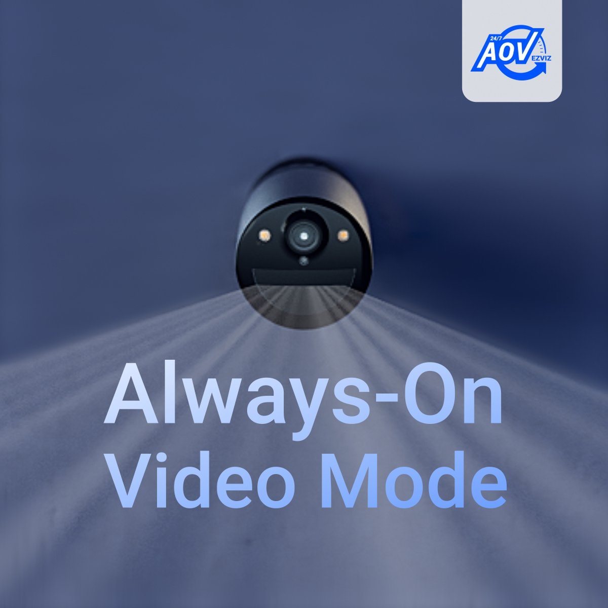 Czarna kamera bezpieczeństwa emituje snopy światła. Tekst: Always-On Video Mode.
