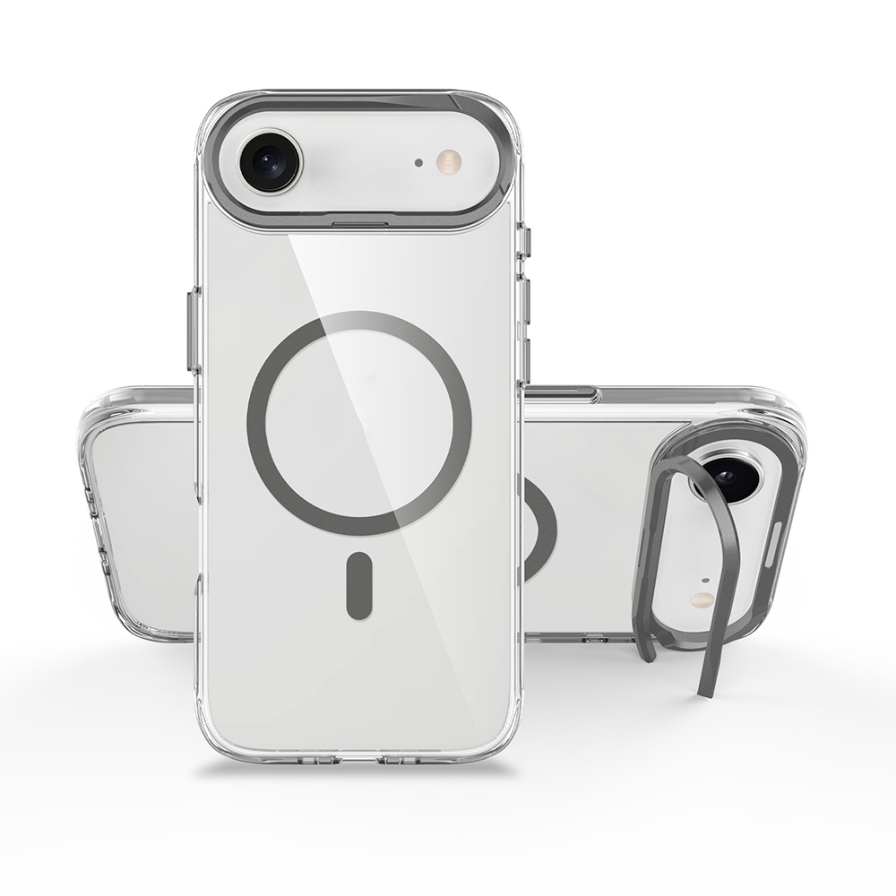 iPhone için manyetik halkalı şeffaf kılıf. Beyaz arka plan.