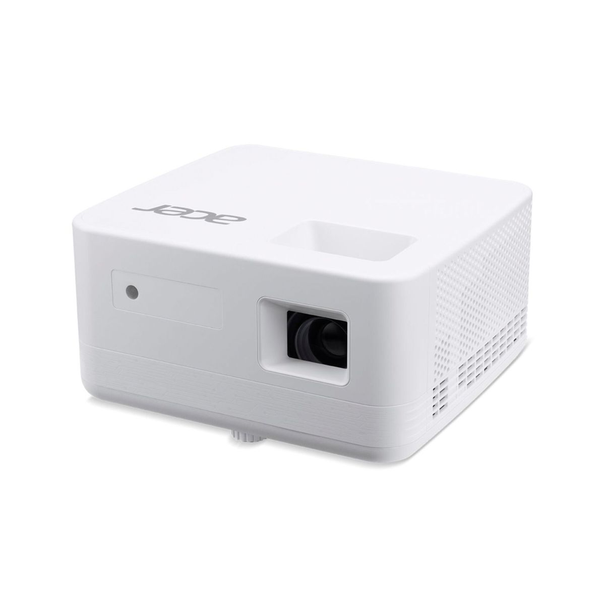 Un proyector Acer blanco con lente y rejillas de ventilación, sobre fondo blanco.