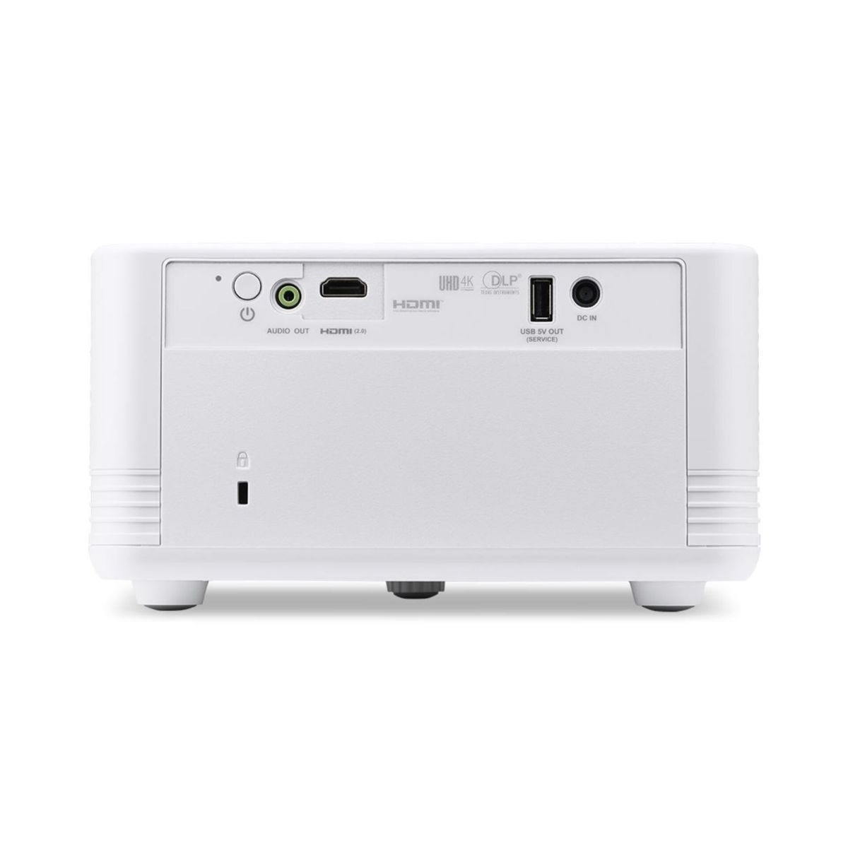 Proyector blanco con puertos: Audio Out, HDMI, USB, DC In.
