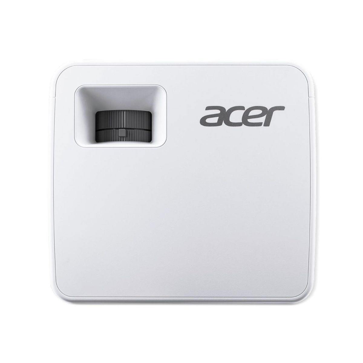 Un proyector Acer blanco con rueda de lente negra y el logo de Acer.