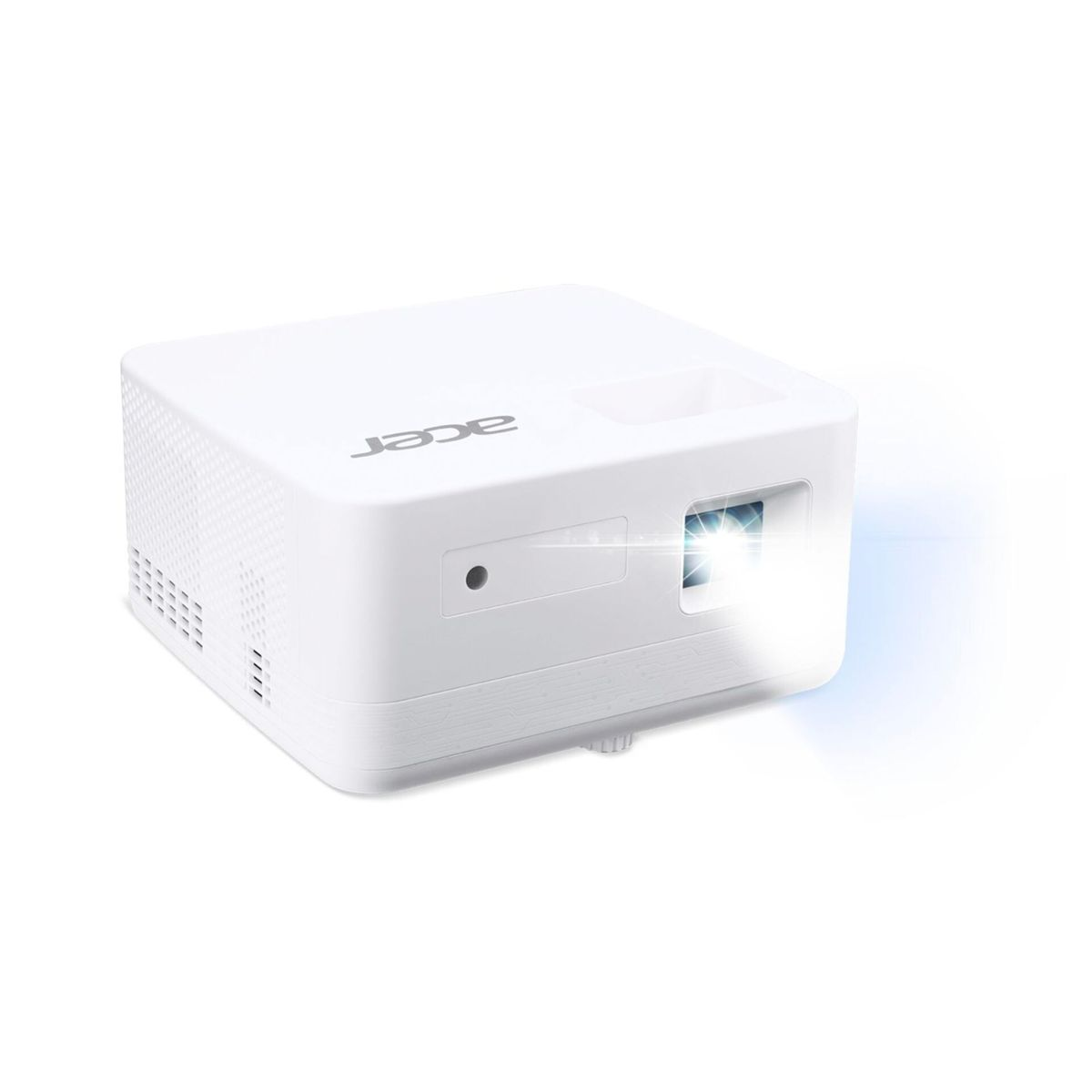 Un proyector Acer blanco con lente encendida, sobre fondo blanco.