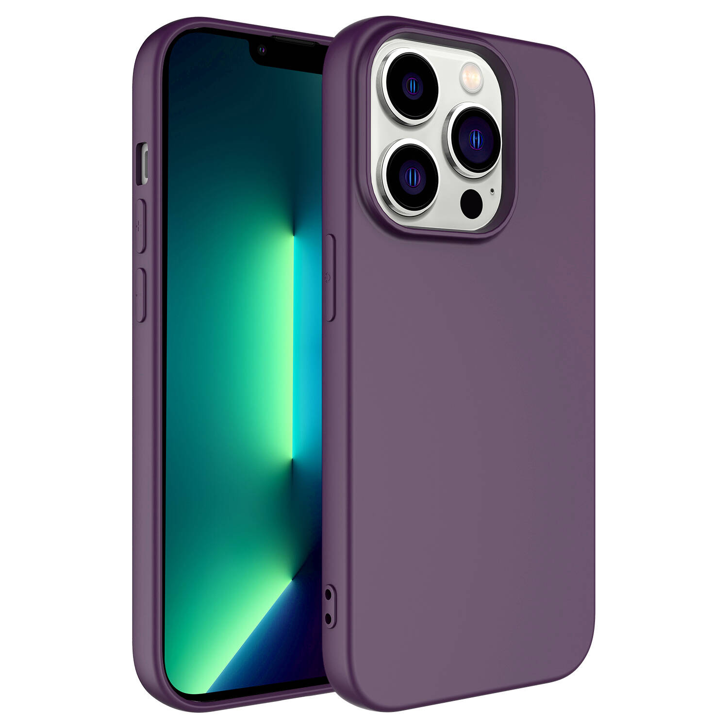 Lens ekranlı ve kamera lensli mor bir telefon.