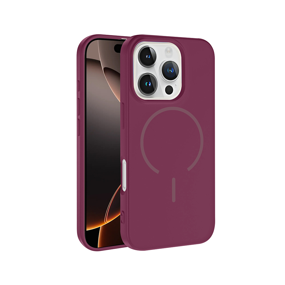 Akıllı telefonda MagSafe halkalı bordo renkli telefon kılıfı.